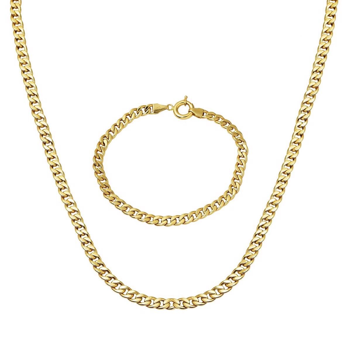 14K Yellow Gold Curb Chain Collar Necklace And Bracelet Set