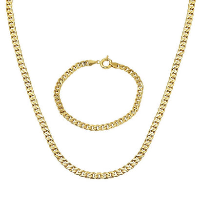 14K Yellow Gold Curb Chain Collar Necklace And Bracelet Set