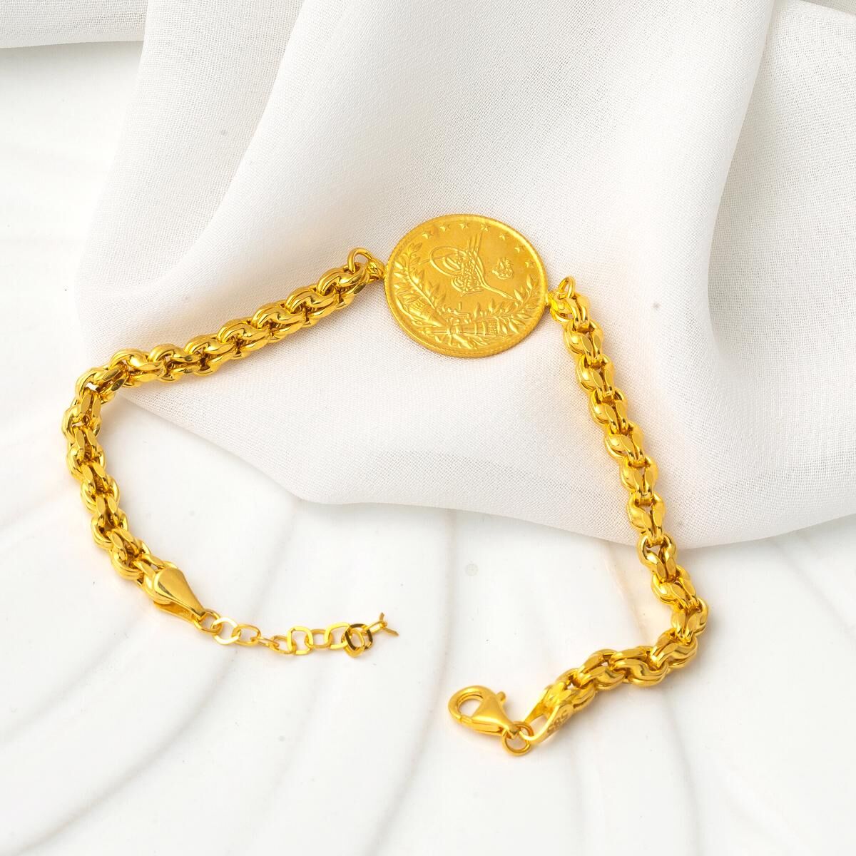 14K Yellow Gold Guverse Chain Half Ottoman Resat Coin Bracelet