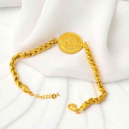 14K Yellow Gold Guverse Chain Half Ottoman Resat Coin Bracelet
