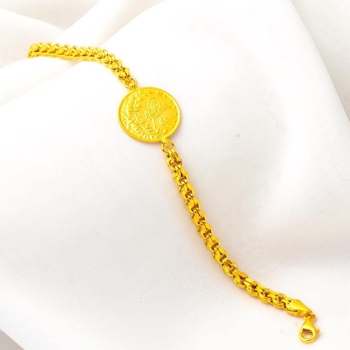 14K Yellow Gold Guverse Chain Half Ottoman Resat Coin Bracelet