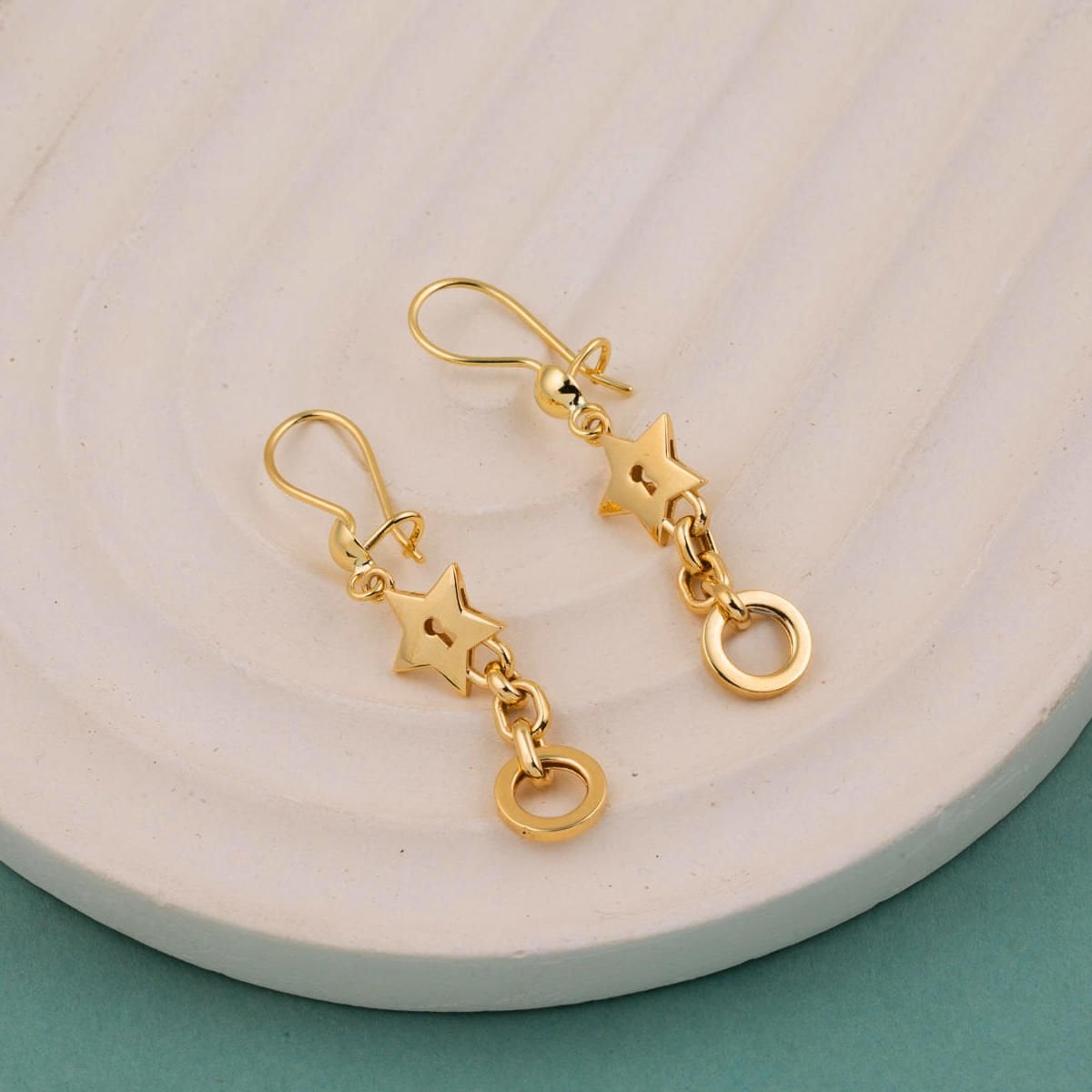22K Yellow Gold Hoop Star Dangle Earrings