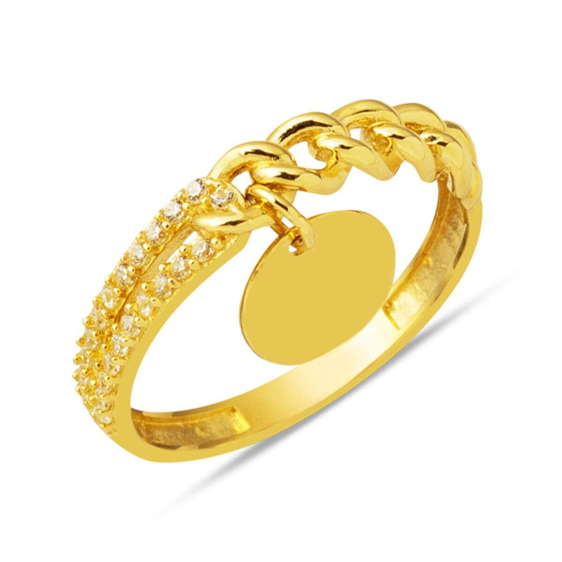 14K Yellow Gold Personalized Initial Sequin Dangle Cubic Zirconia Ring