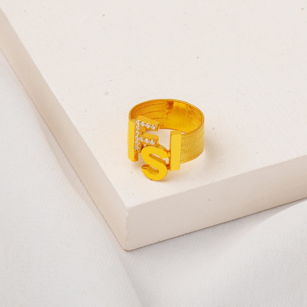 14K Gold Mesh Two Initial Cubic Zirconia Ring