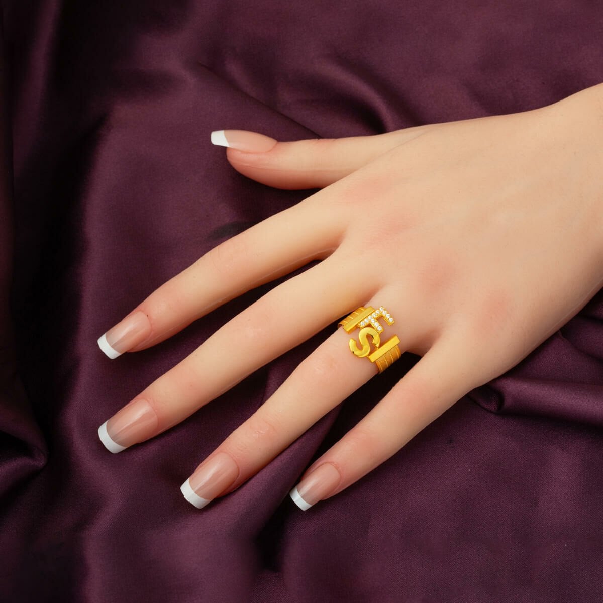 14K Gold Mesh Two Initial Cubic Zirconia Ring