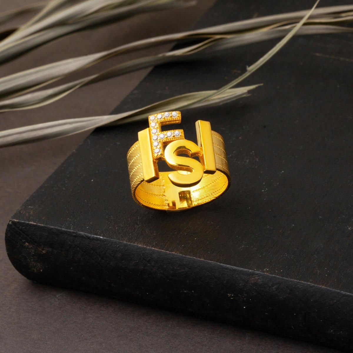14K Gold Mesh Two Initial Cubic Zirconia Ring