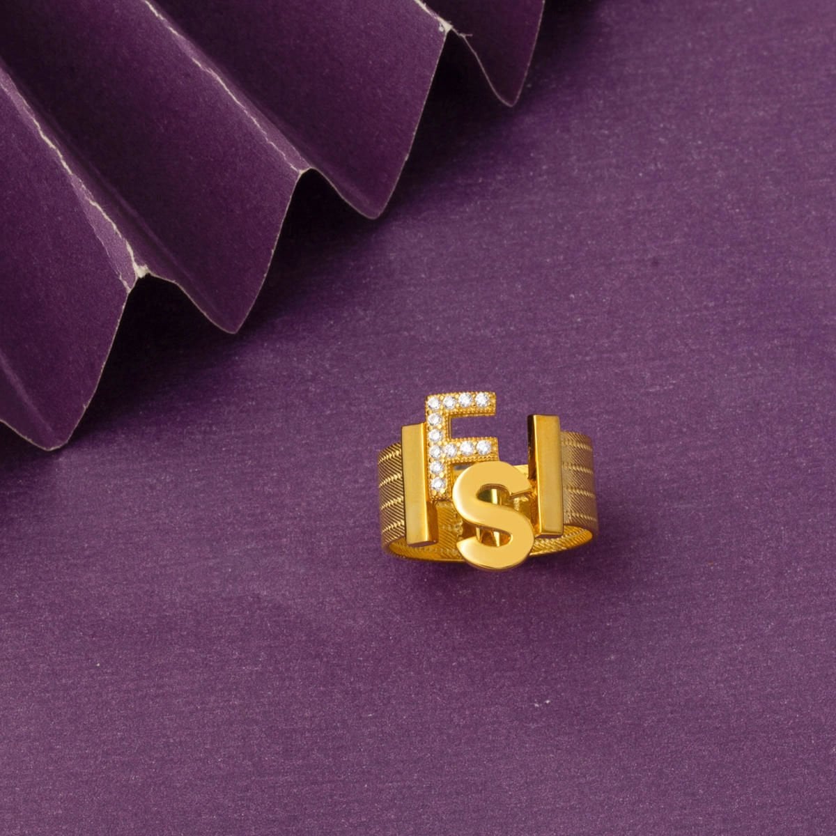 14K Gold Mesh Two Initial Cubic Zirconia Ring