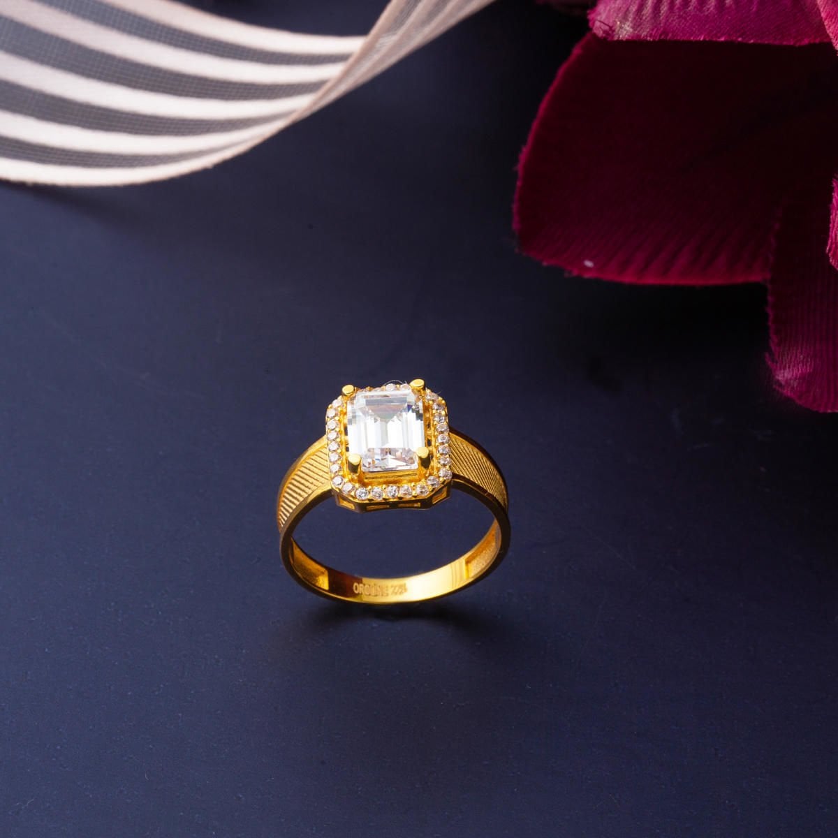 22K Yellow Gold Mesh Baguette Cubic Zirconia Ring