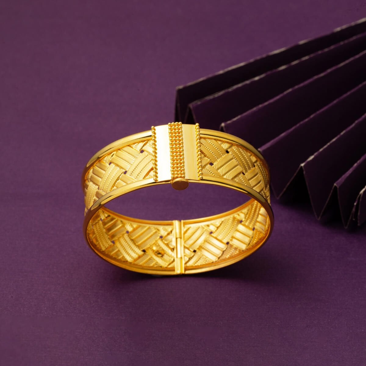 22K Yellow Gold Mesh Braided Hinged Cuff Bangle