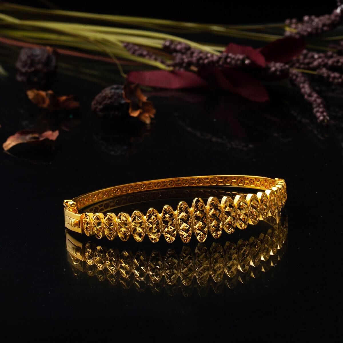 22K Yellow Gold Life Flower Hinged Cuff Bangle