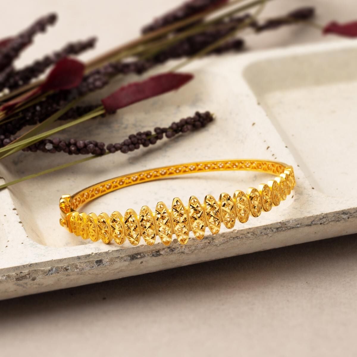 22K Yellow Gold Life Flower Hinged Cuff Bangle