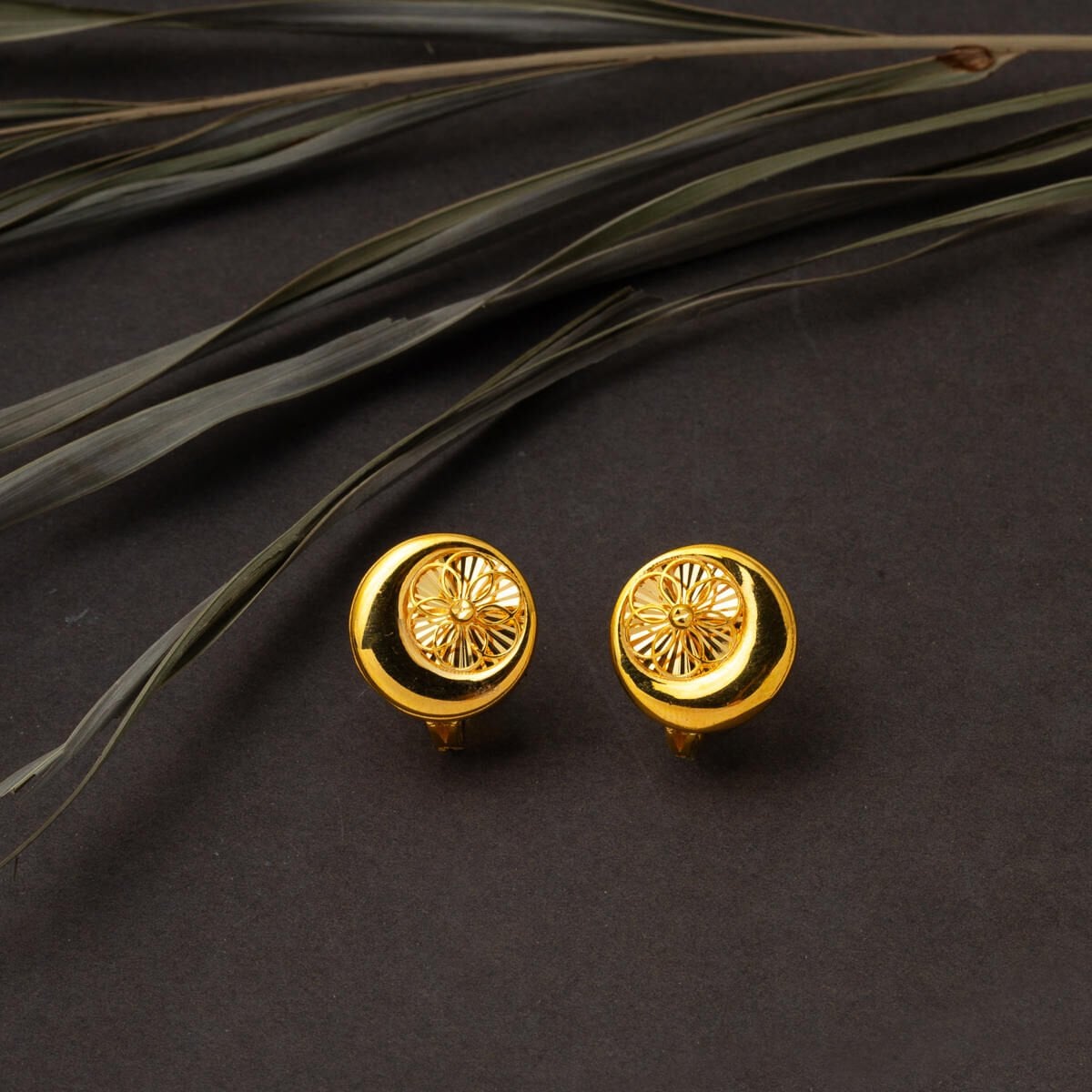 22K Yellow Gold Crescent Hand Engraved Earrings