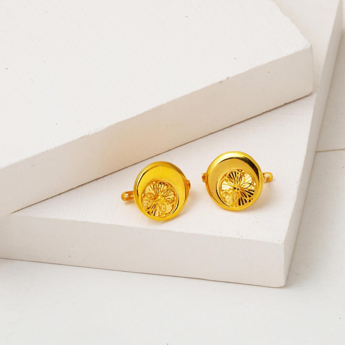 22K Yellow Gold Crescent Hand Engraved Earrings