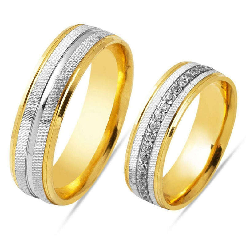 14K Yellow Gold Puffed Double Cubic Zirconia Wedding Band Set