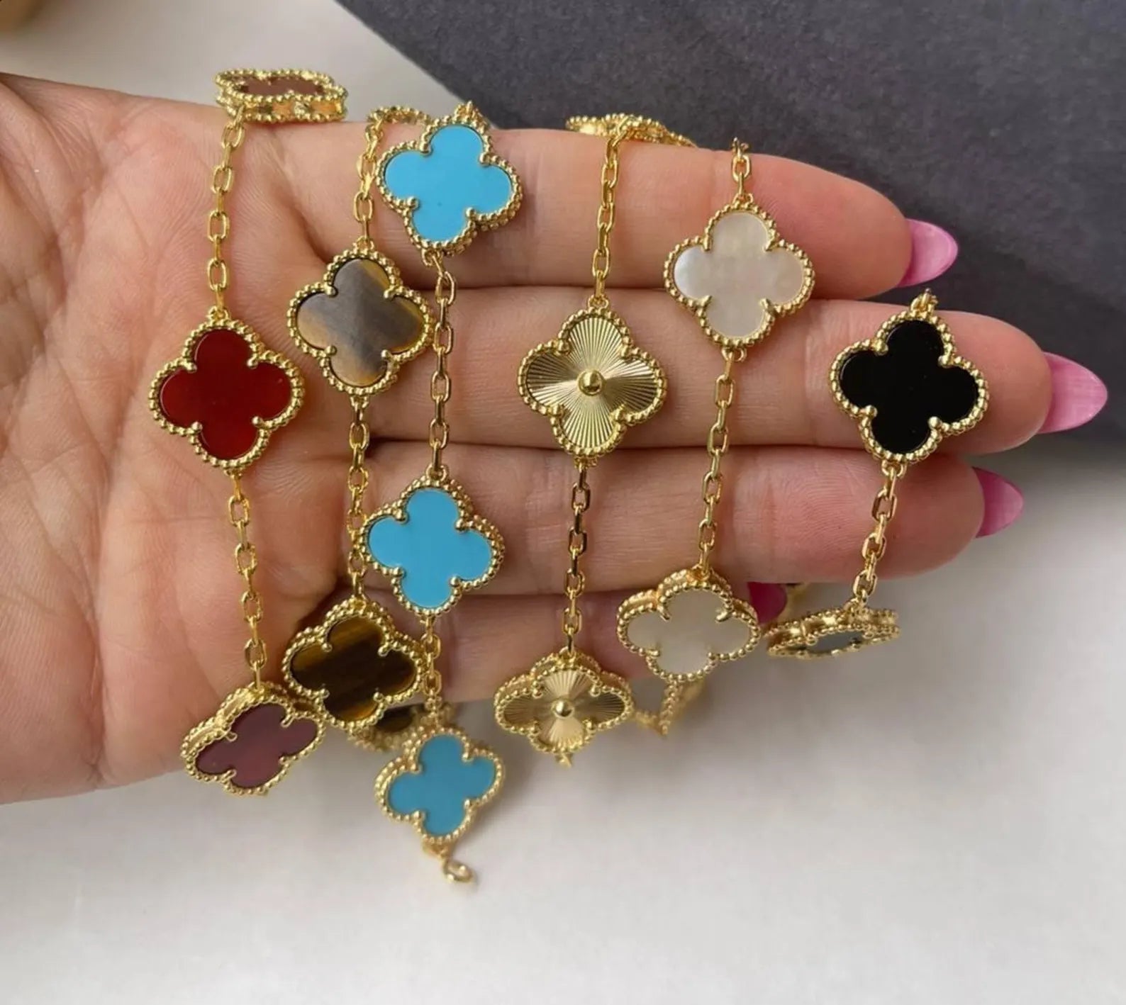 Clover Floral Alhambra Style Bracelet in Solid 10K/14K/18K Yellow Gold Malachite/Pearl/Black Onyx/Carnelian Gemstone