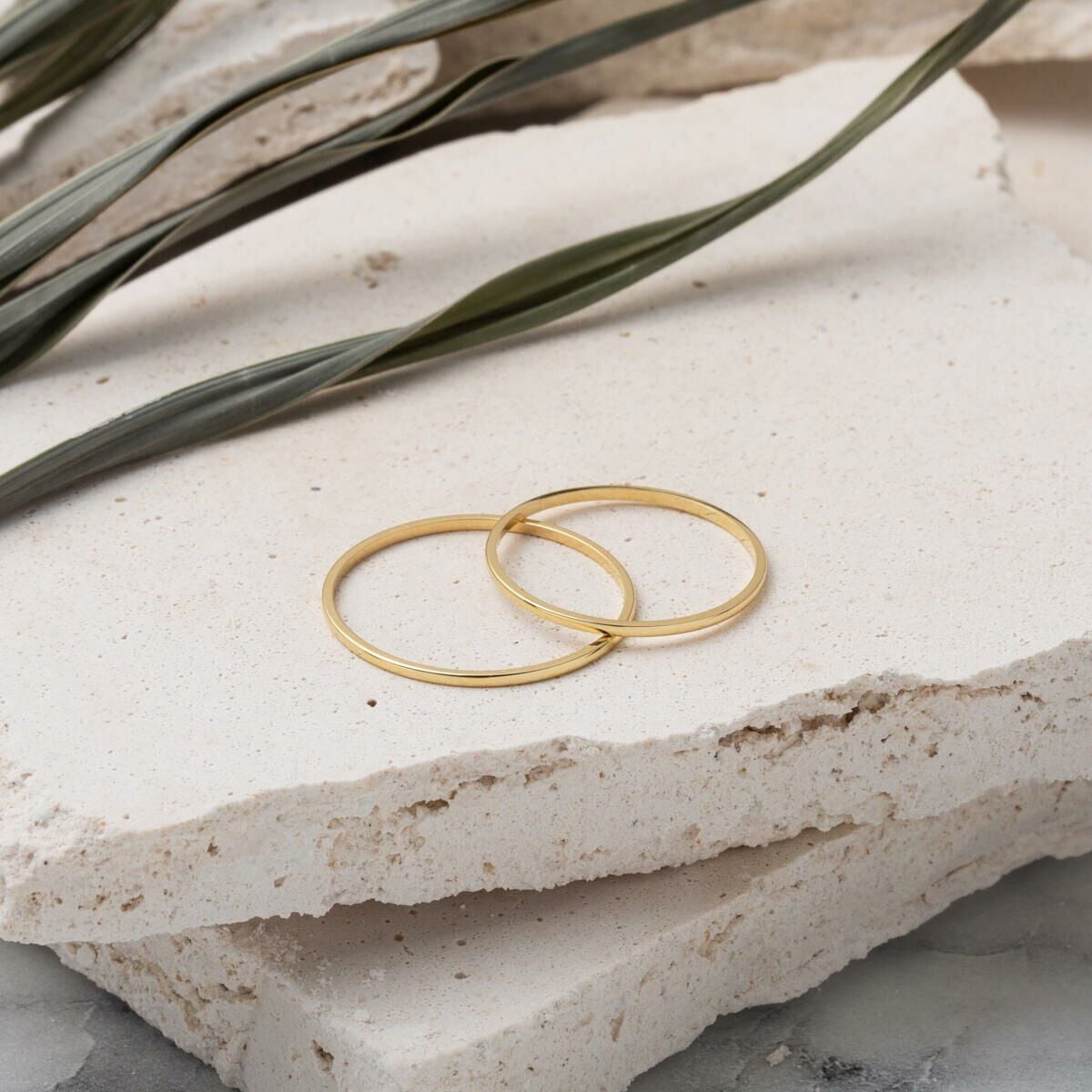14K Yellow Gold Thin Classic Double Wedding Band Set 1 mm
