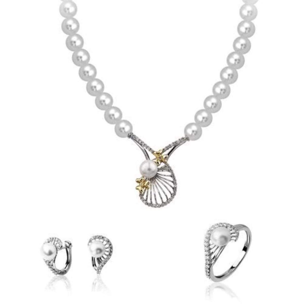 14K Yellow Gold Double Tone Pearl Jewelry Set