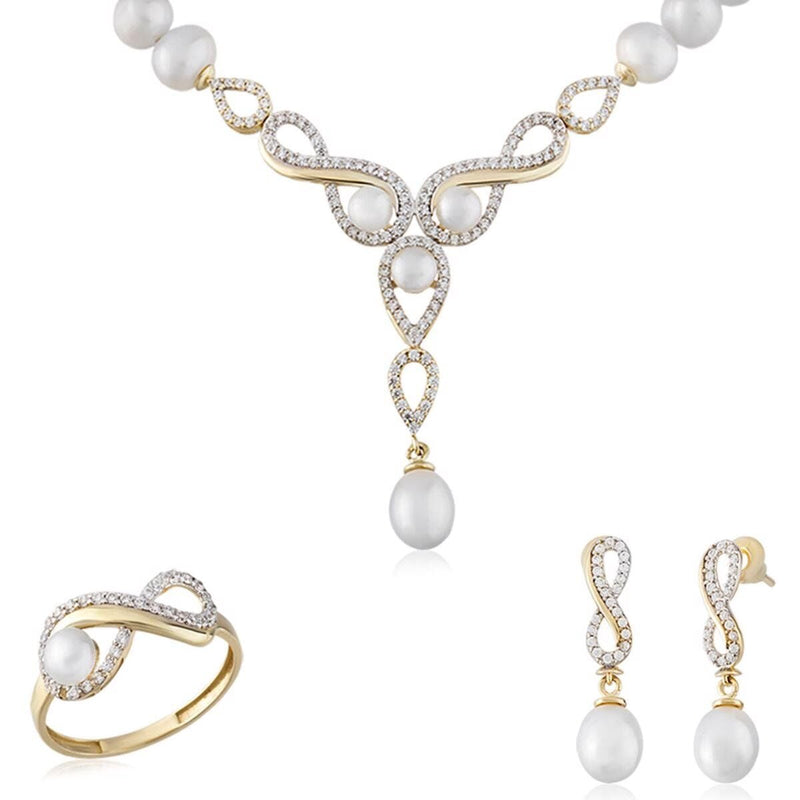 14K Yellow Gold Infinity Bridal Pearl Jewelry Set (8.75 g)