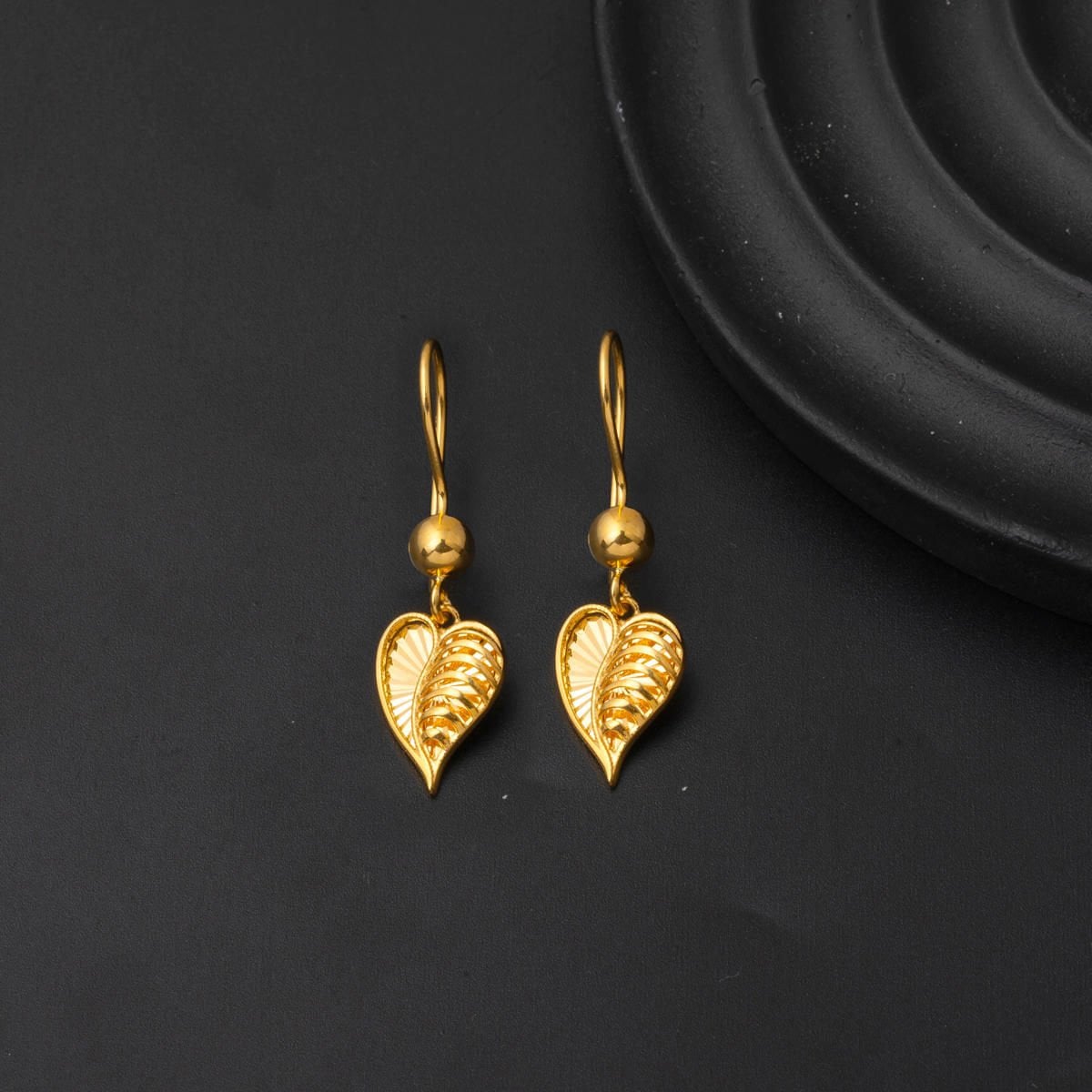 22K Yellow Gold Sparkling Heart Dangle Earrings