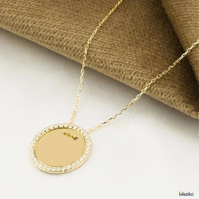 14K Yellow Gold Personalized Name Medallion Cubic Zirconia Necklace