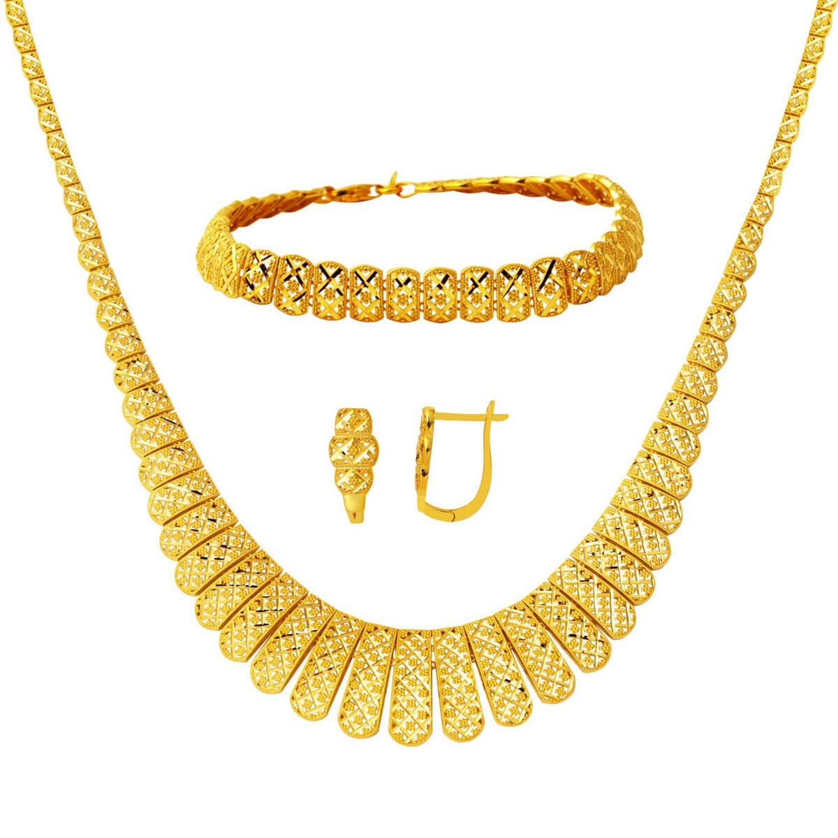 14K Yellow Gold Italian Engraved Necklace Bracelet Earrings Set