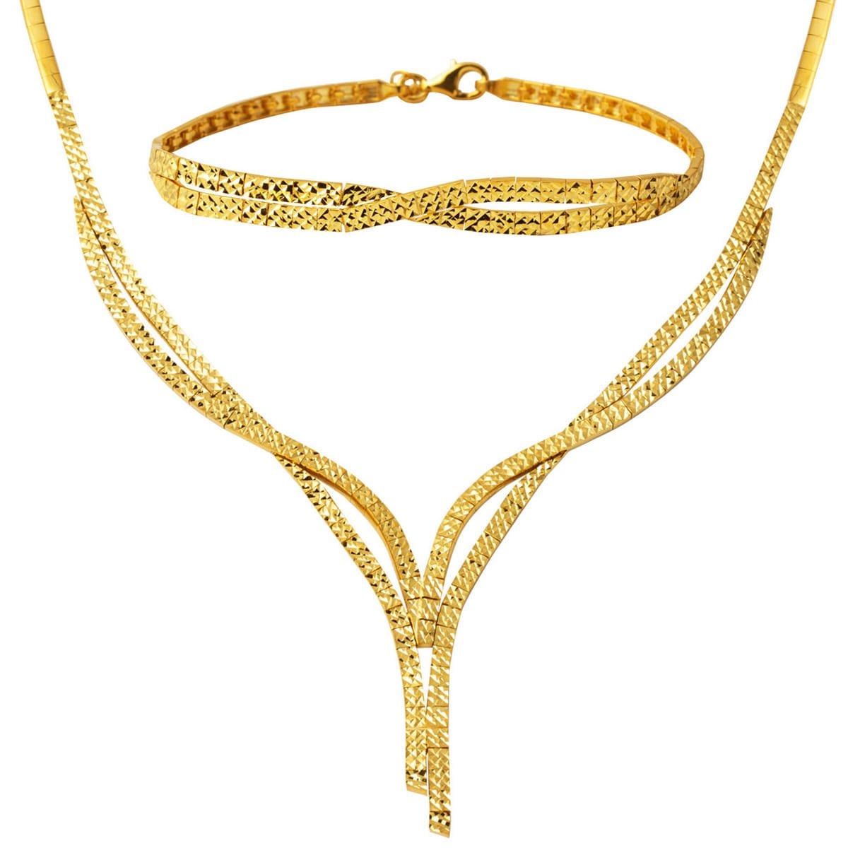 14K Yellow Gold Italian Engraved Tennis Necklace and Bracelet Set
