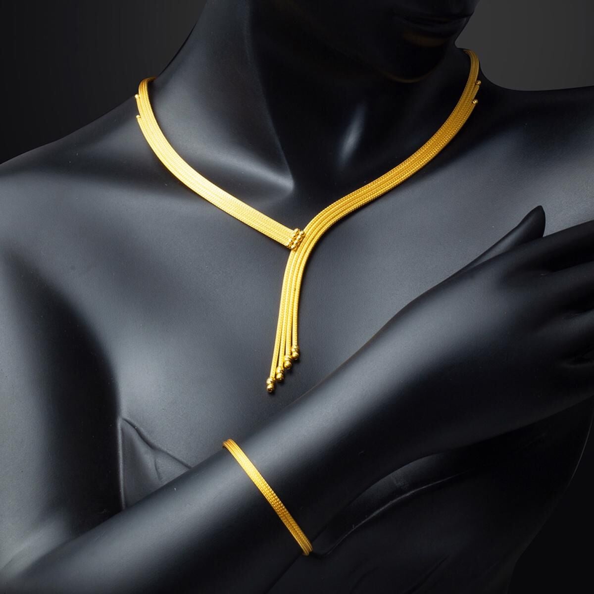 14K Yellow Gold Italian Braided Chain Choker Necklace and Bracelet Set