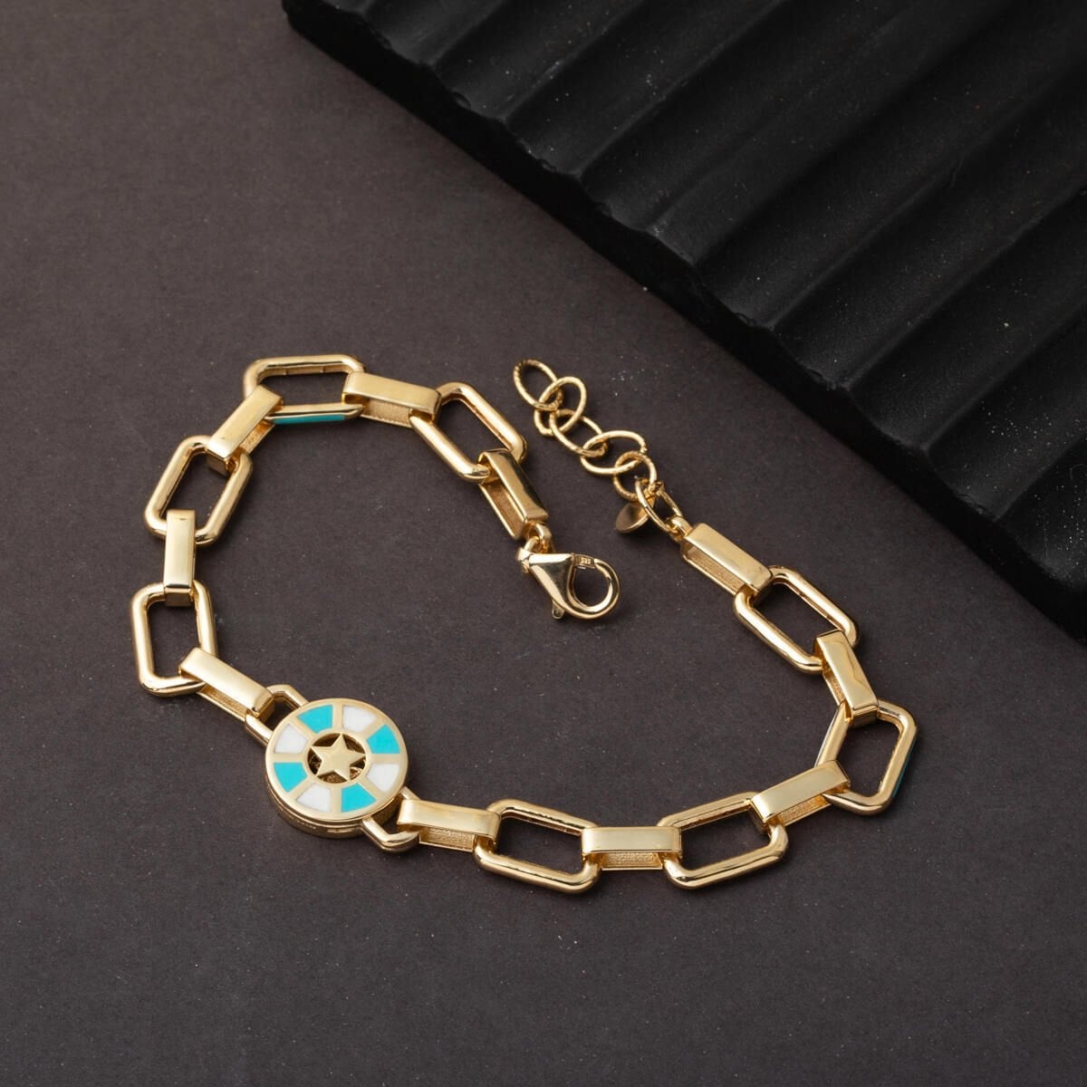 14K Yellow Gold Italian Star Enamel Turquoise Bracelet