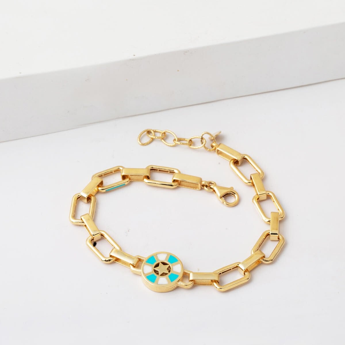 14K Yellow Gold Italian Star Enamel Turquoise Bracelet