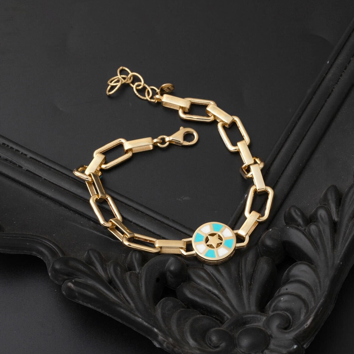 14K Yellow Gold Italian Star Enamel Turquoise Bracelet