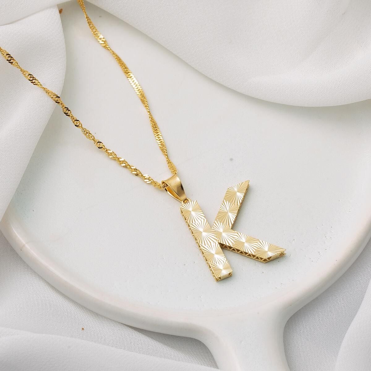 14K Yellow Gold 3 Dimensional Initial K Necklace