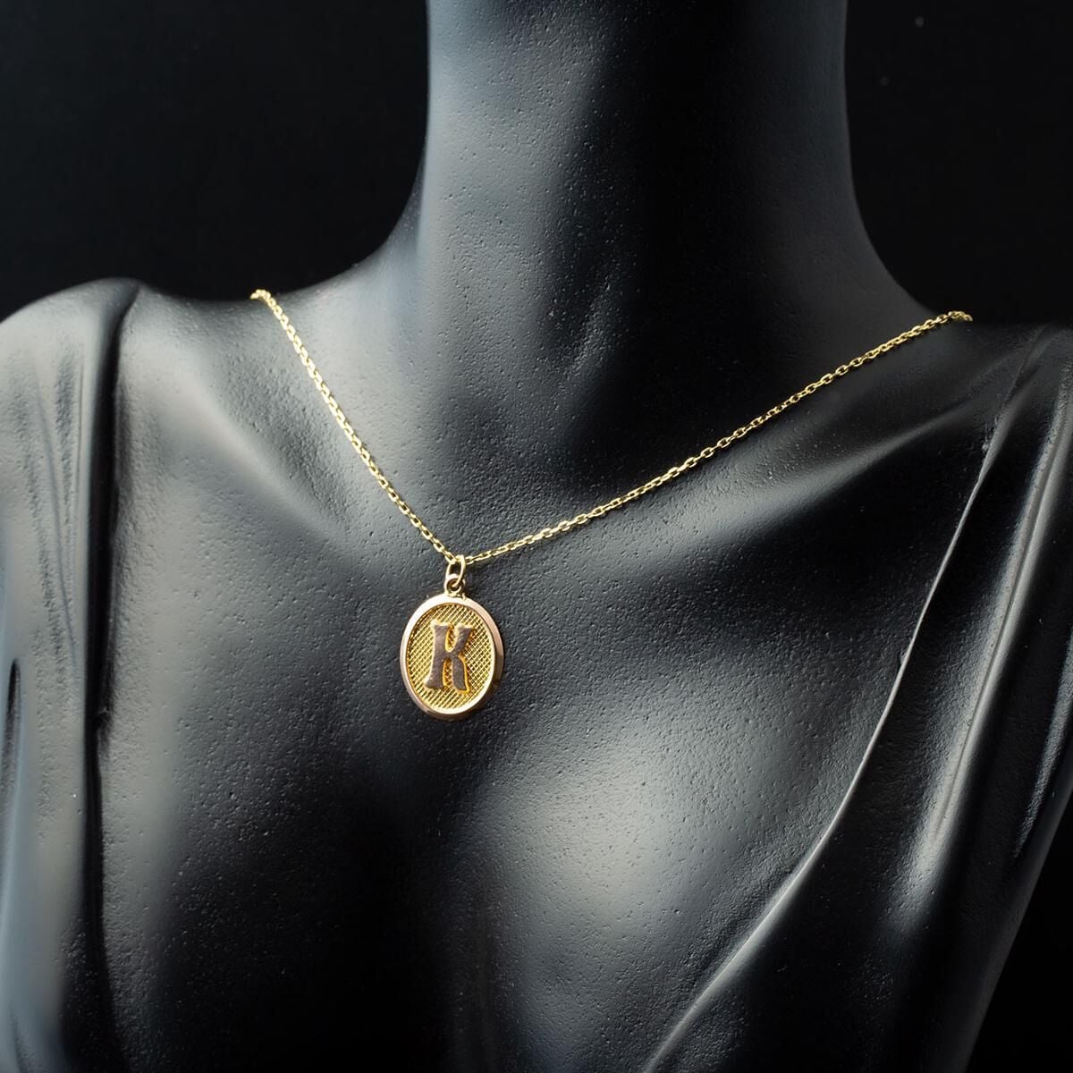 14K Yellow Gold Oval Initial K Necklace