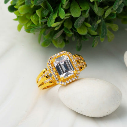 22K Yellow Gold Ribbed Baguette Cubic Zirconia Ring