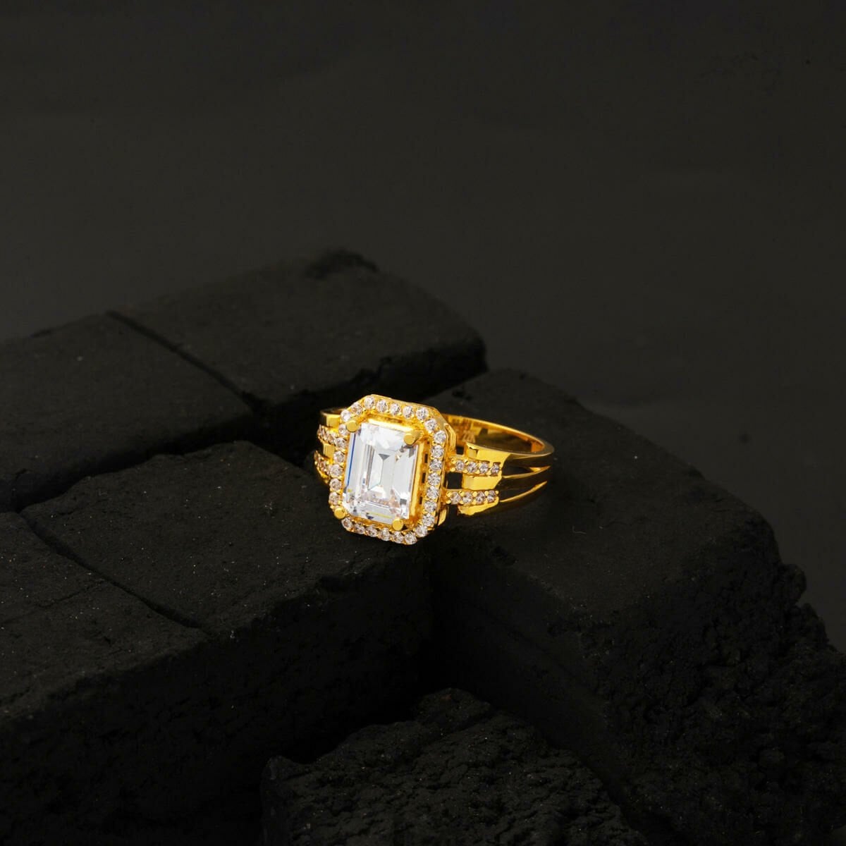 22K Yellow Gold Ribbed Baguette Cubic Zirconia Ring