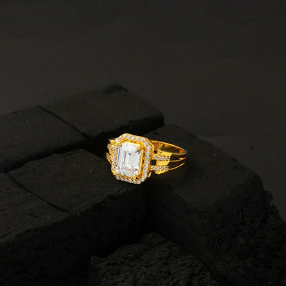 22K Yellow Gold Ribbed Baguette Cubic Zirconia Ring