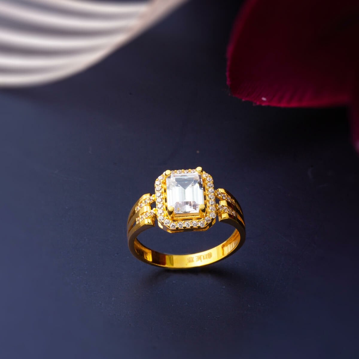 22K Yellow Gold Ribbed Baguette Cubic Zirconia Ring