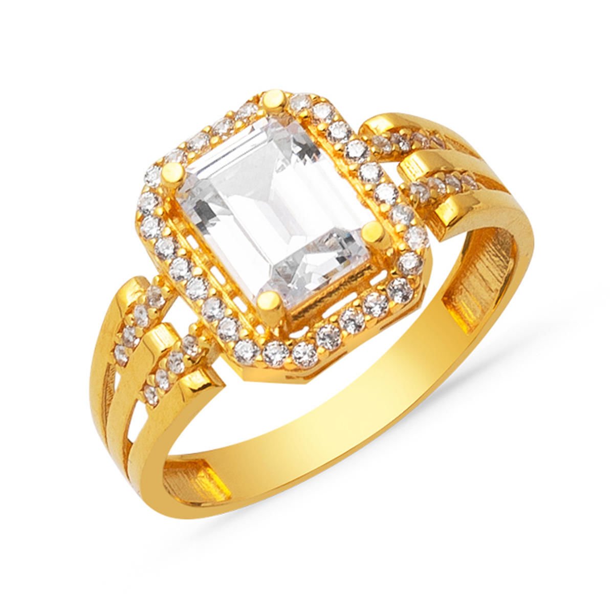 22K Yellow Gold Ribbed Baguette Cubic Zirconia Ring