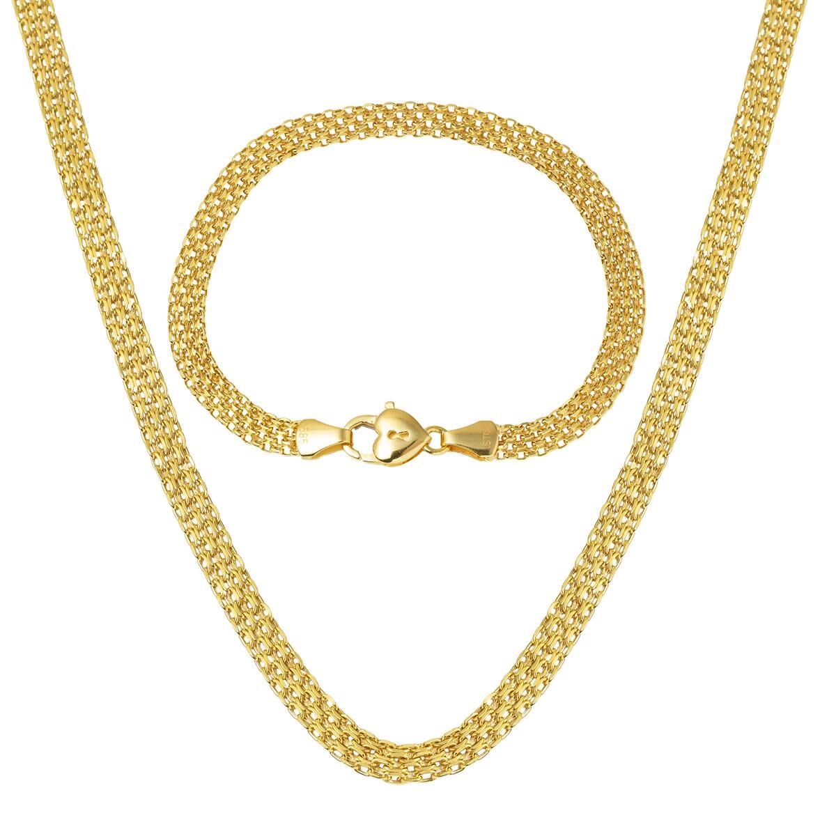 14K Yellow Gold Heart Lock Collar Necklace Bracelet Set