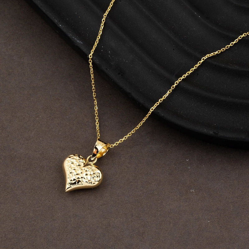 14K Yellow Gold Engraved Patterned Heart Necklace