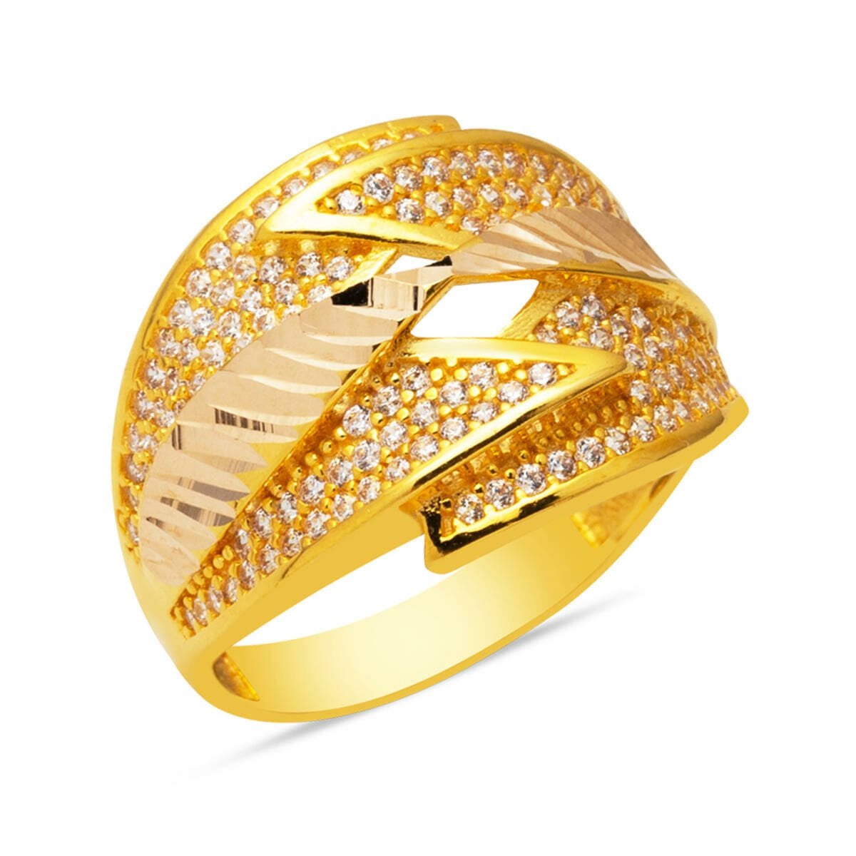 14K Yellow Gold Engraved Women's Cubic Zirconia Ring