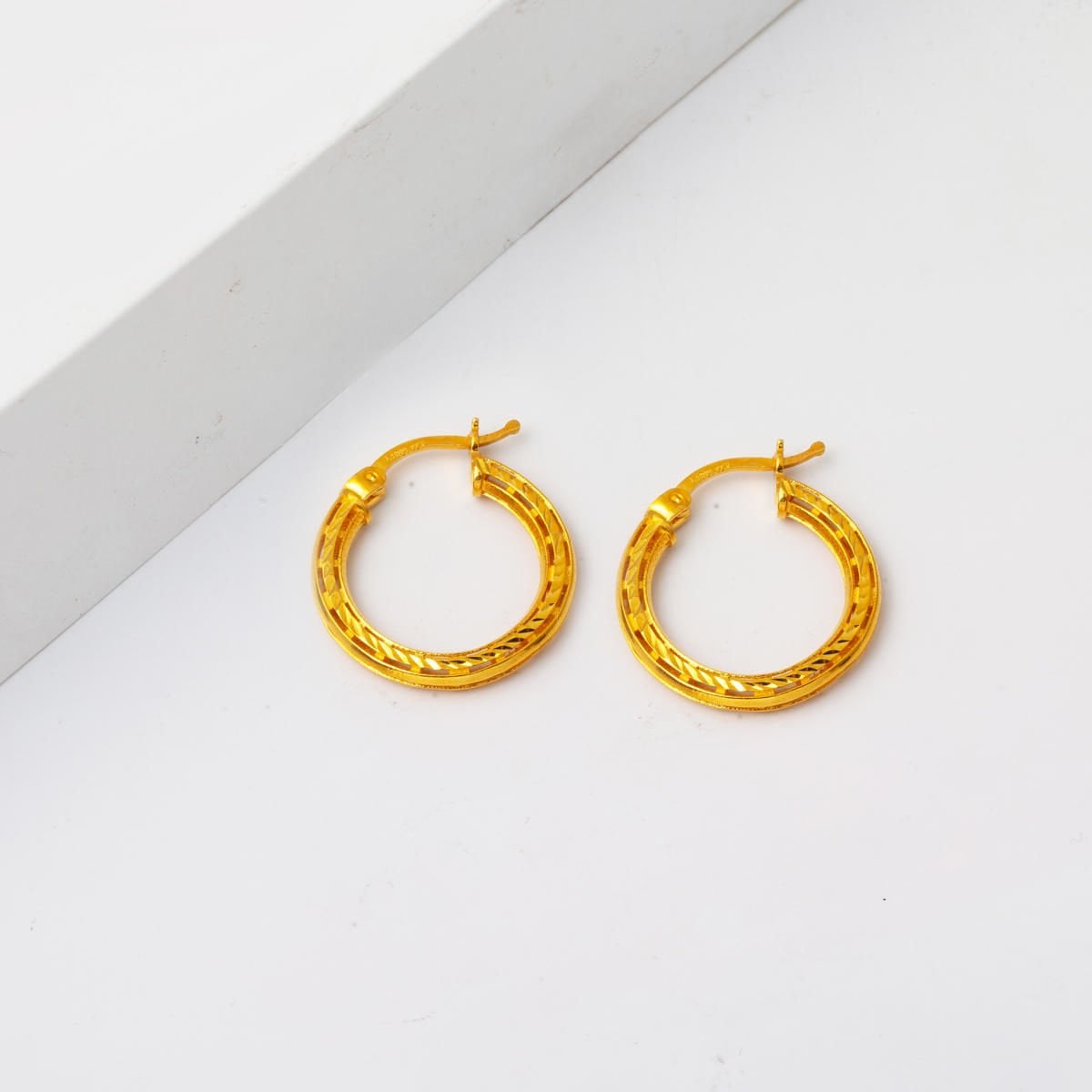 22K Yellow Gold Hand Engraved Medium Hoop Earrings
