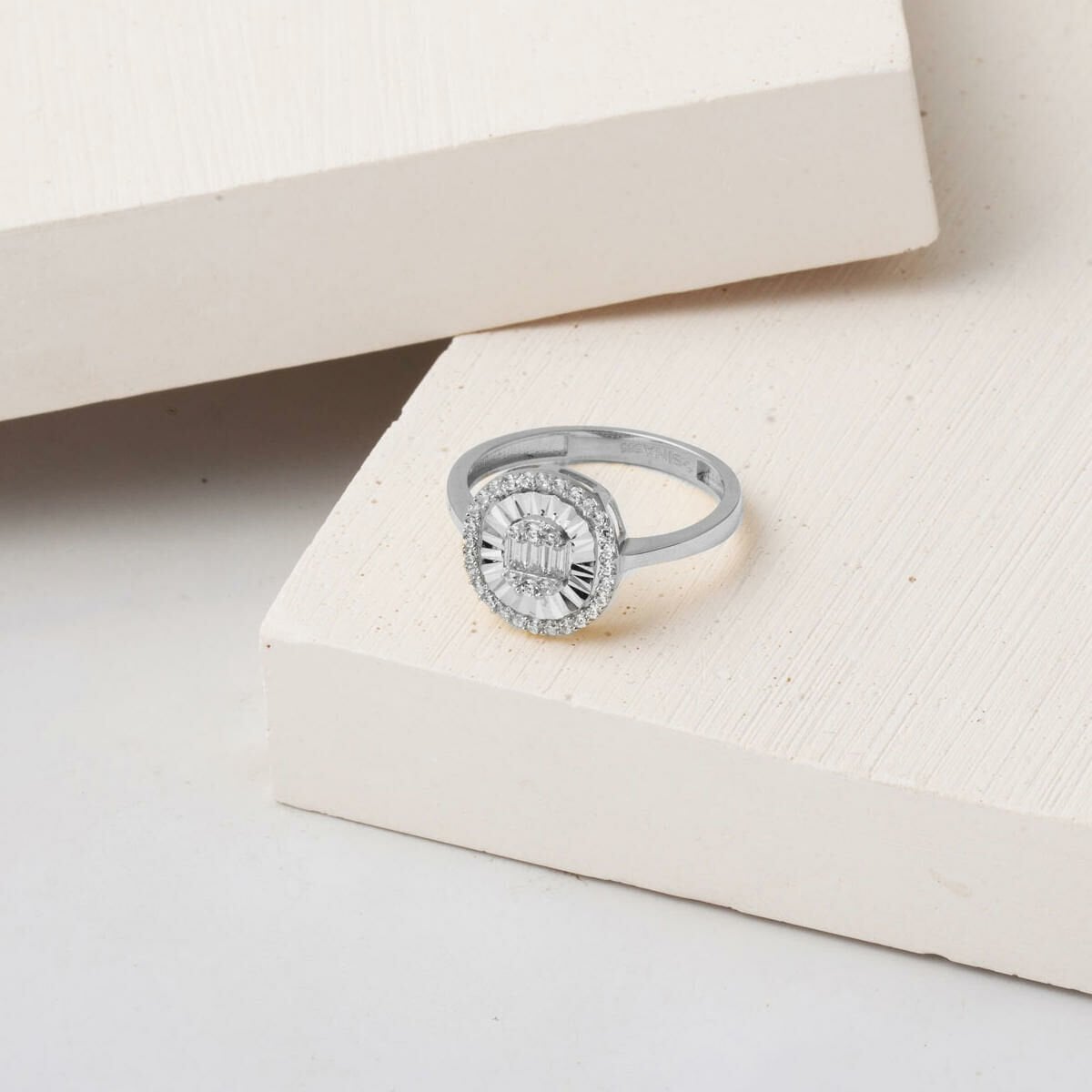 14K White Gold Hand Engraved Baguette Cubic Zirconia Ring