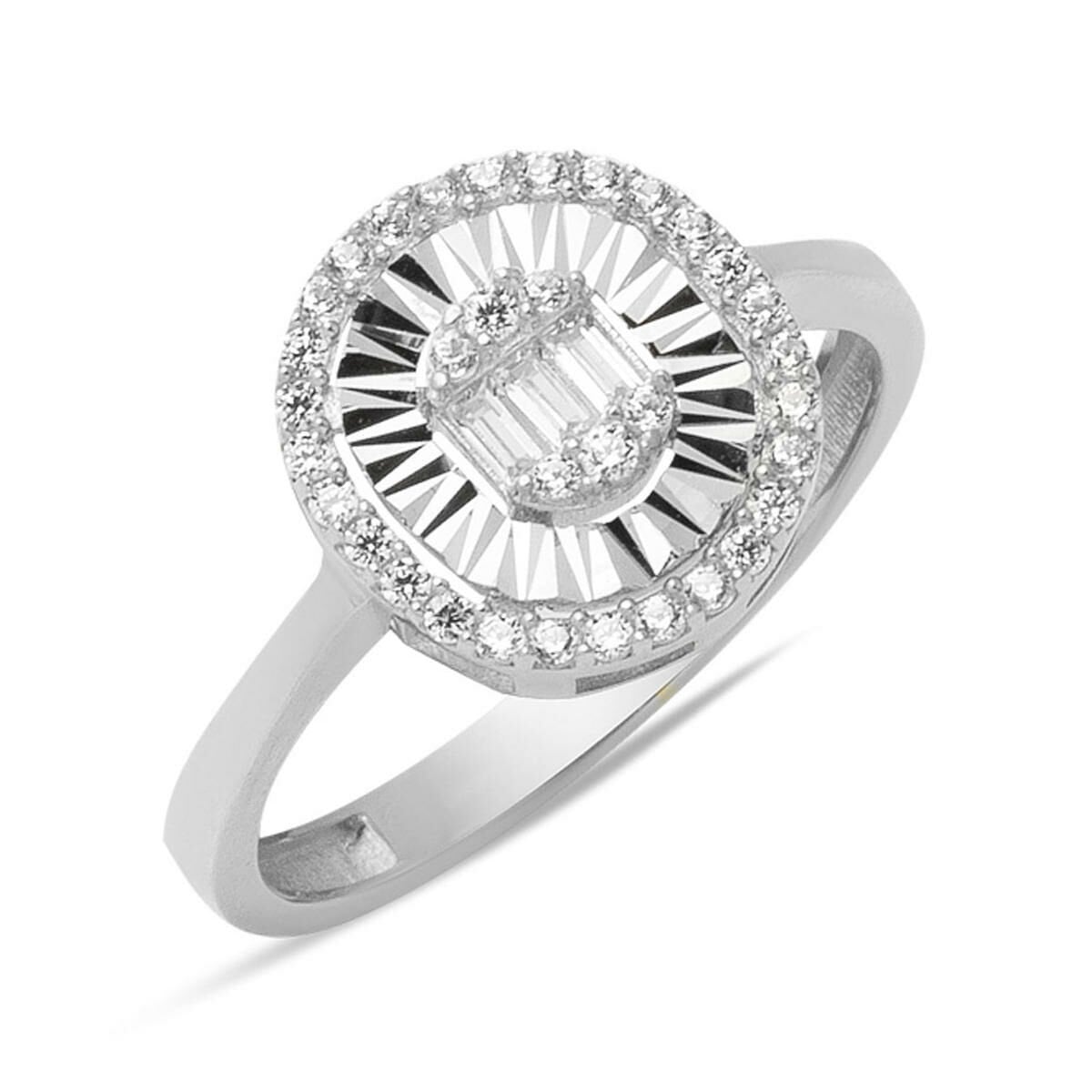 14K White Gold Hand Engraved Baguette Cubic Zirconia Ring