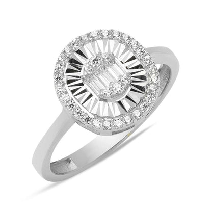 14K White Gold Hand Engraved Baguette Cubic Zirconia Ring