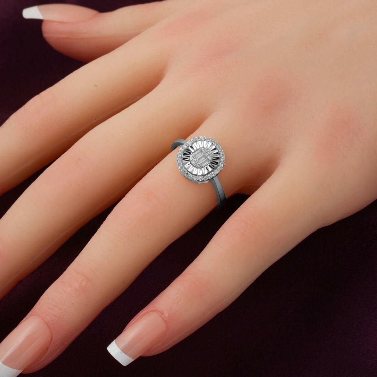 14K White Gold Hand Engraved Baguette Cubic Zirconia Ring