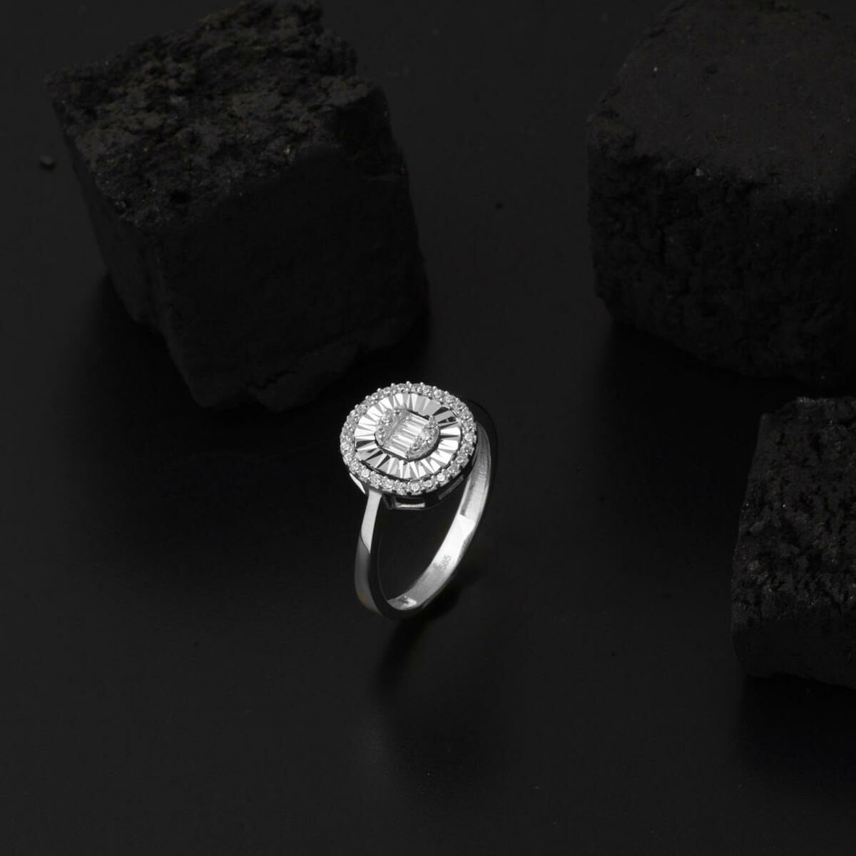 14K White Gold Hand Engraved Baguette Cubic Zirconia Ring