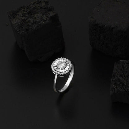 14K White Gold Hand Engraved Baguette Cubic Zirconia Ring