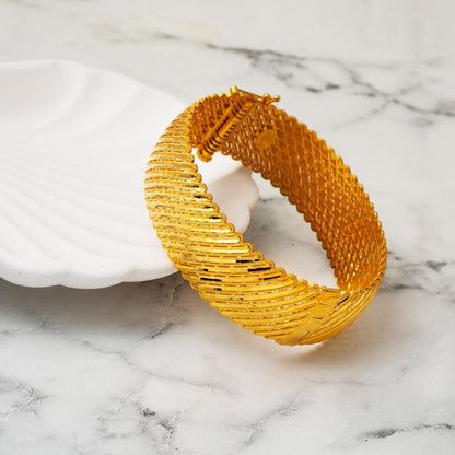 14K Yellow Gold Hand Engraved High Polish Hinged Cuff Bangle