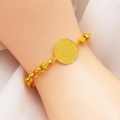 14K Yellow Gold Thick Rolo Chain Quarter Coin Bracelet