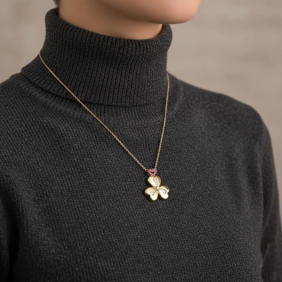 14K Yellow Gold Baguette Cubic Zirconia 3 Heart Clover Necklace